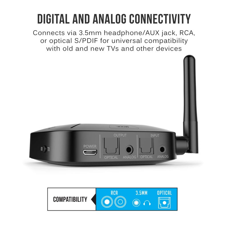 MEE Audio مستقبل/مرسل بلوتوث MEE audio Connect Hub مع تمرير الصوت للتلفاز/نظام الصوت المنزلي مع مدخل 3.5 مم/AUX/RCA/مدخل بصري; محول بلوتوث متعدد التدفقات USB لسماعتين/مكبرات صوت - Image 4